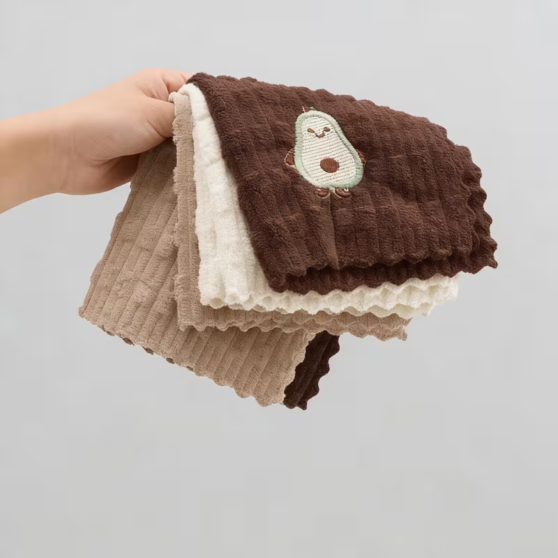 Four-piece set, coffee-colored embroidered dishcloth, quick-drying cleaning cloth.