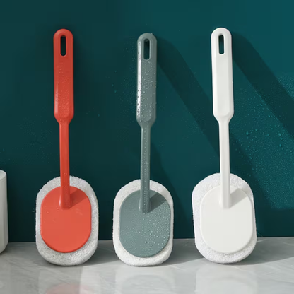 Long-handled sponge brush, designed for deep cleaning of bathtubs.