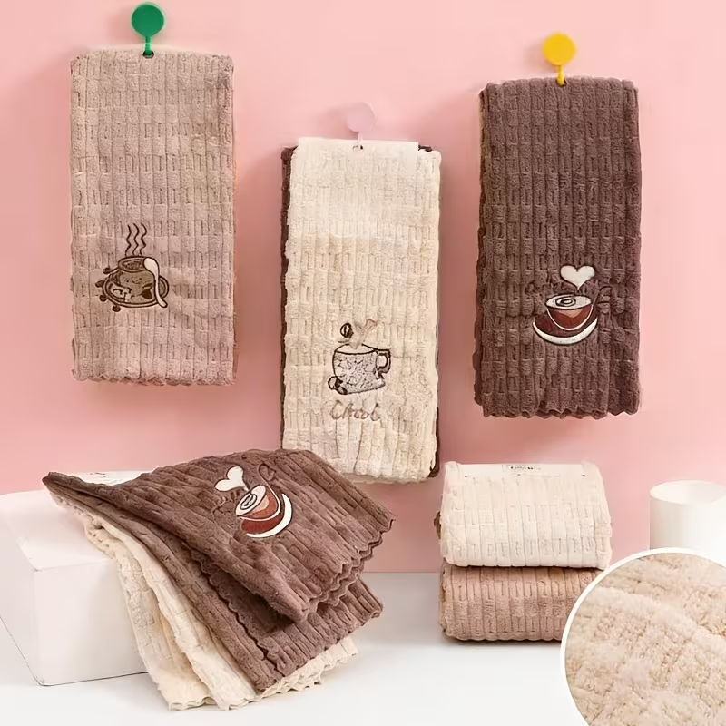 Four-piece set, coffee-colored embroidered dishcloth, quick-drying cleaning cloth.
