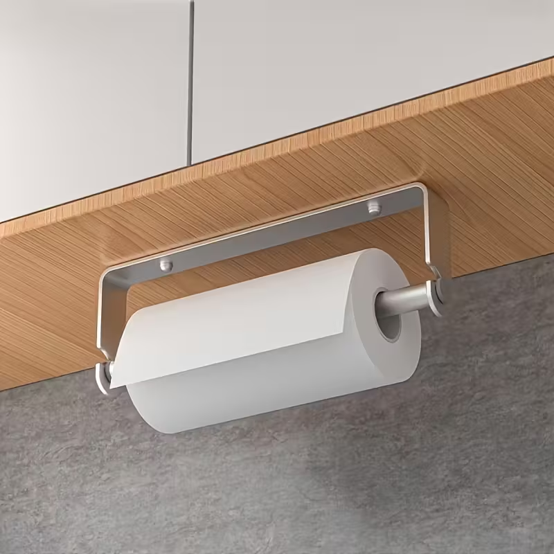 Space-grade aluminum paper towel holder - rust-resistant and suitable for kitchens.