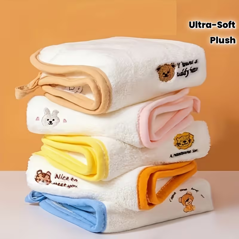 A set of 5 ultra-soft coral fleece towels decorated with cute animal patterns.