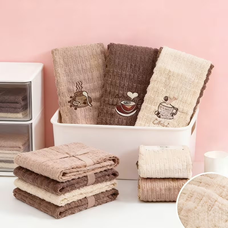 Four-piece set, coffee-colored embroidered dishcloth, quick-drying cleaning cloth.