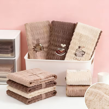 Four-piece set, coffee-colored embroidered dishcloth, quick-drying cleaning cloth.