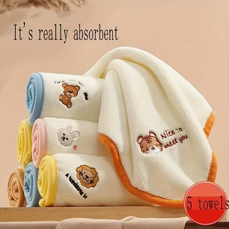 A set of 5 ultra-soft coral fleece towels decorated with cute animal patterns.