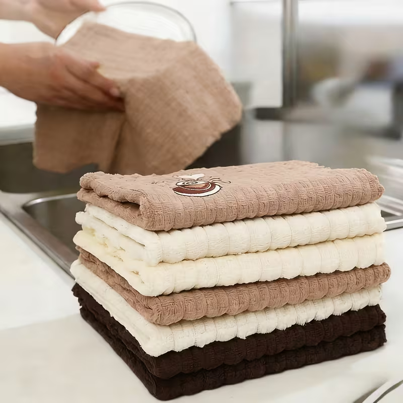 Four-piece set, coffee-colored embroidered dishcloth, quick-drying cleaning cloth.