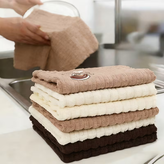 Four-piece set, coffee-colored embroidered dishcloth, quick-drying cleaning cloth.