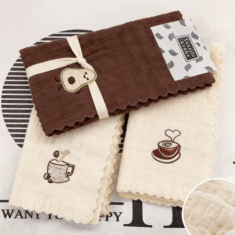 Four-piece set, coffee-colored embroidered dishcloth, quick-drying cleaning cloth.