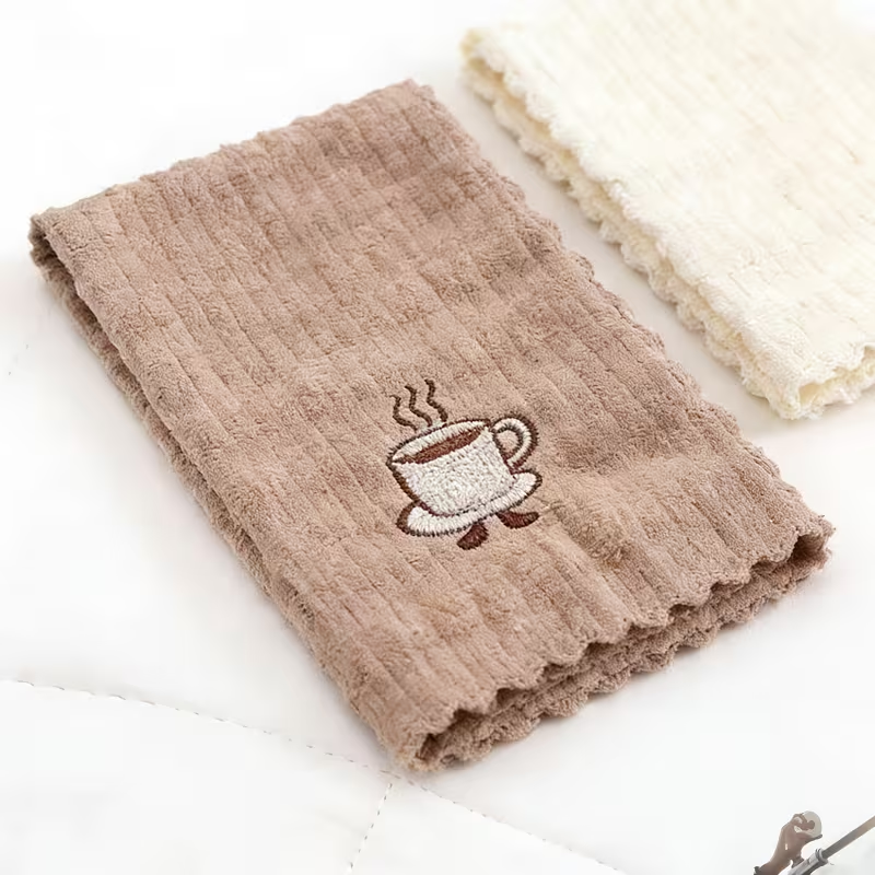Four-piece set, coffee-colored embroidered dishcloth, quick-drying cleaning cloth.