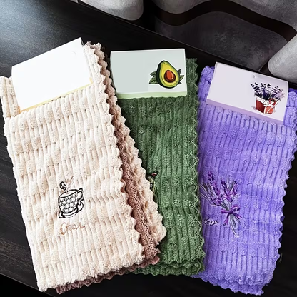 Four-piece set, coffee-colored embroidered dishcloth, quick-drying cleaning cloth.